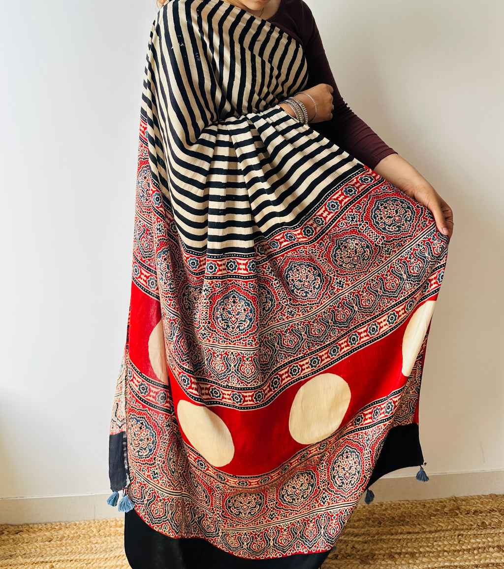Handblocked Sustainable Ajrak Black & white Stripe Saree with Tassels