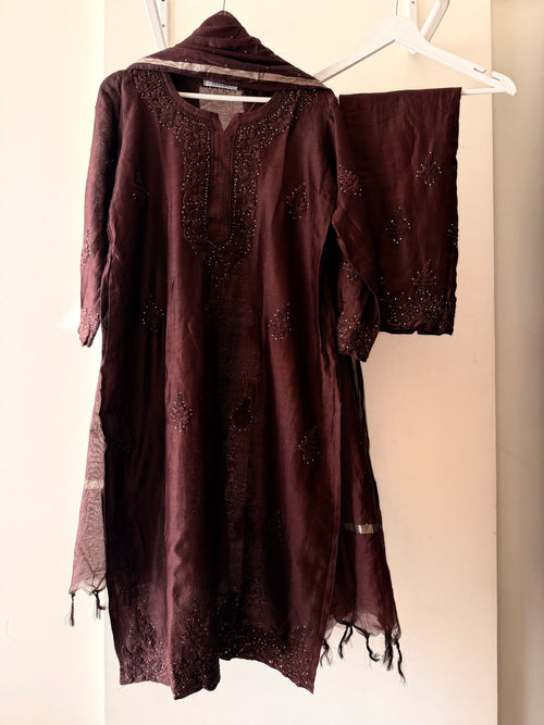 Chocolate Brown Chanderi Silk Suit Set