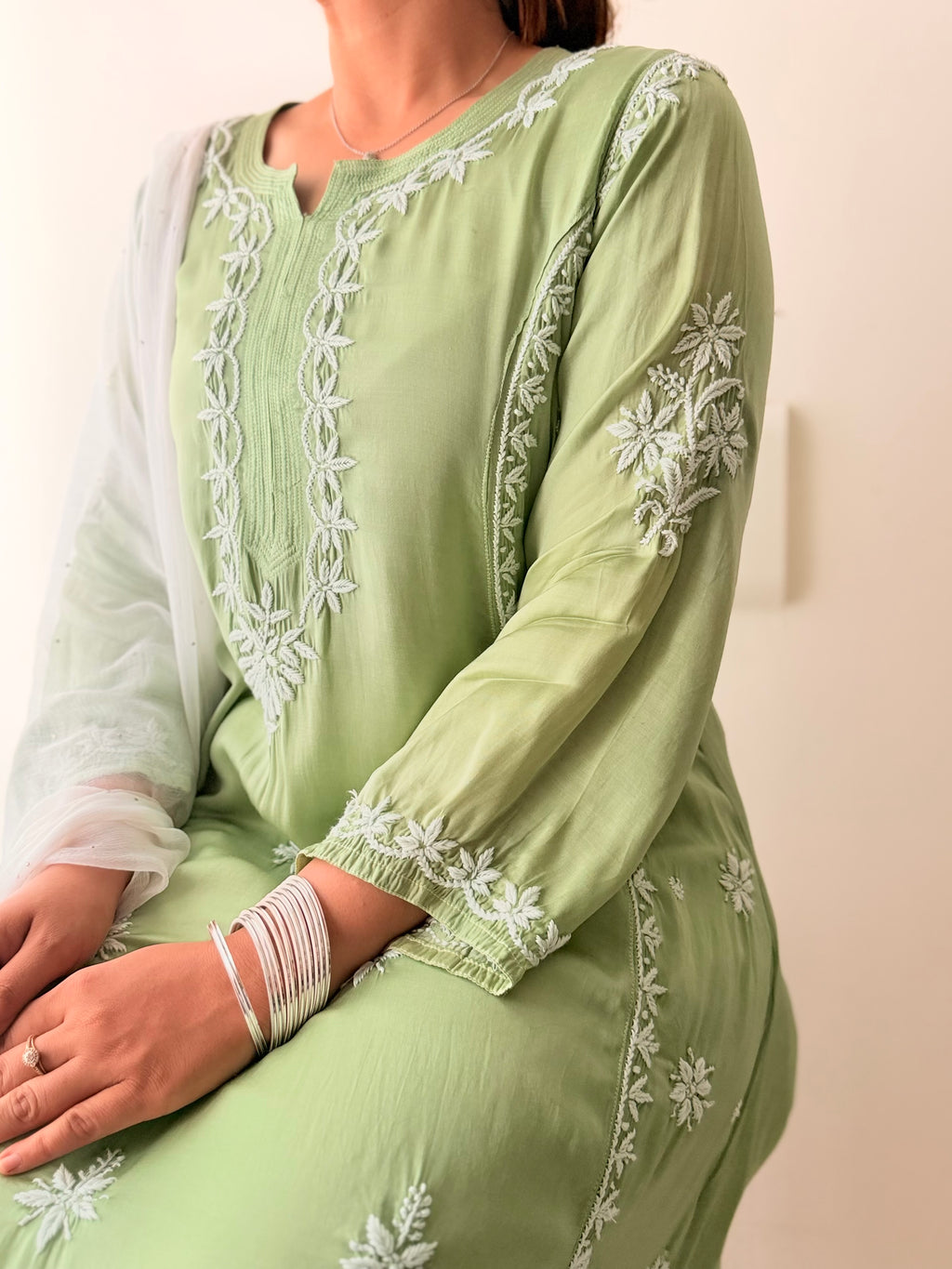 Handcrafted Chikankari Modal Silk A-line kurta