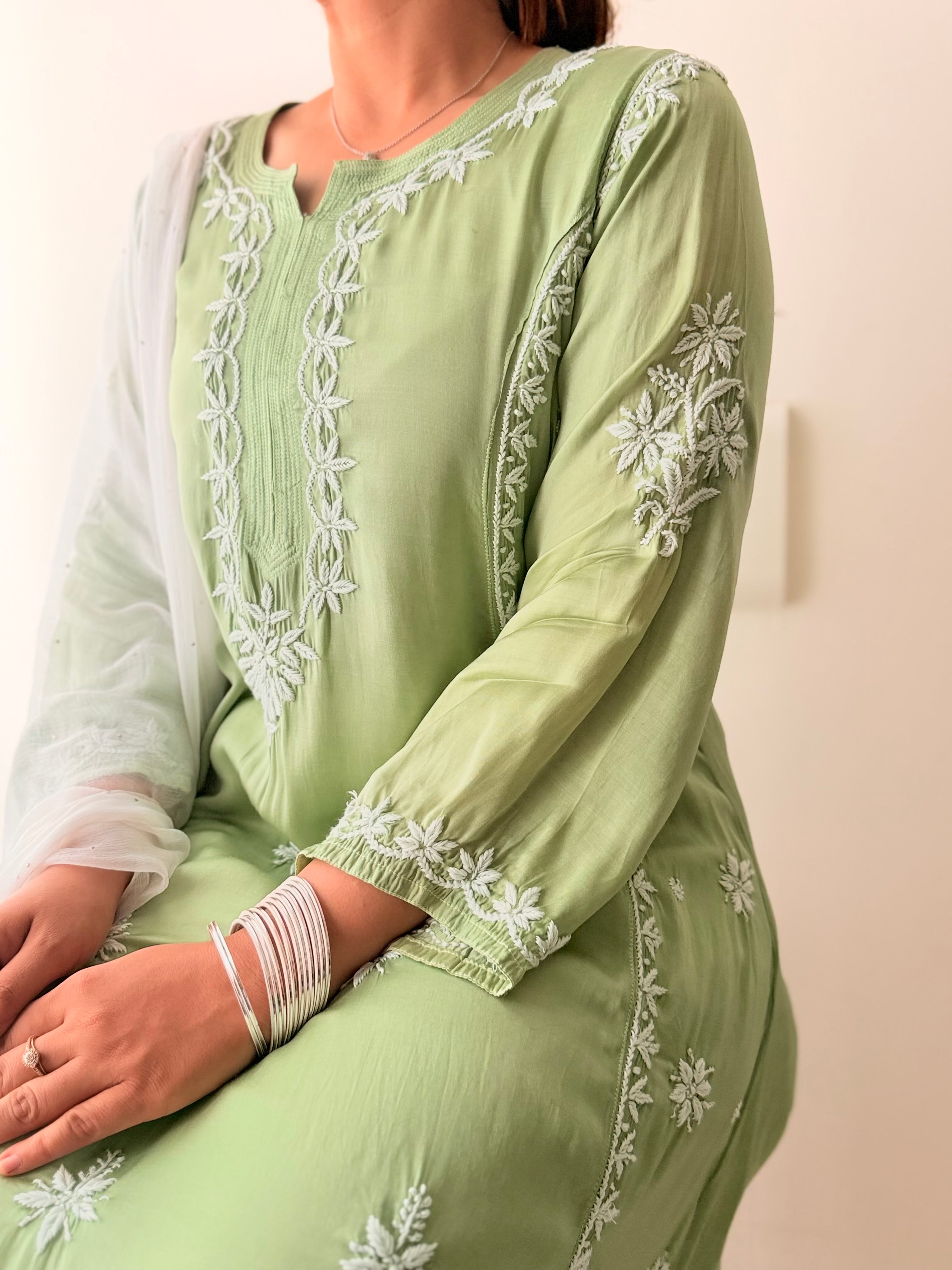 Handcrafted Chikankari Modal Silk A-line kurta