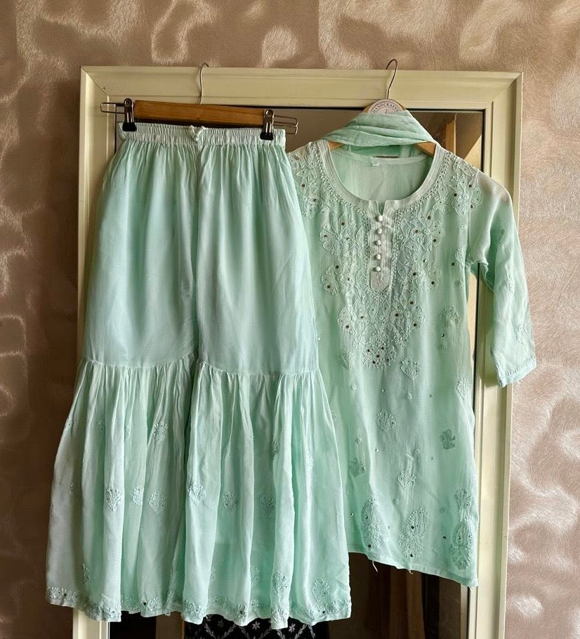 Handcrafted Chikankari Premium Viscose Garara set for Kids (7 to 9 years )