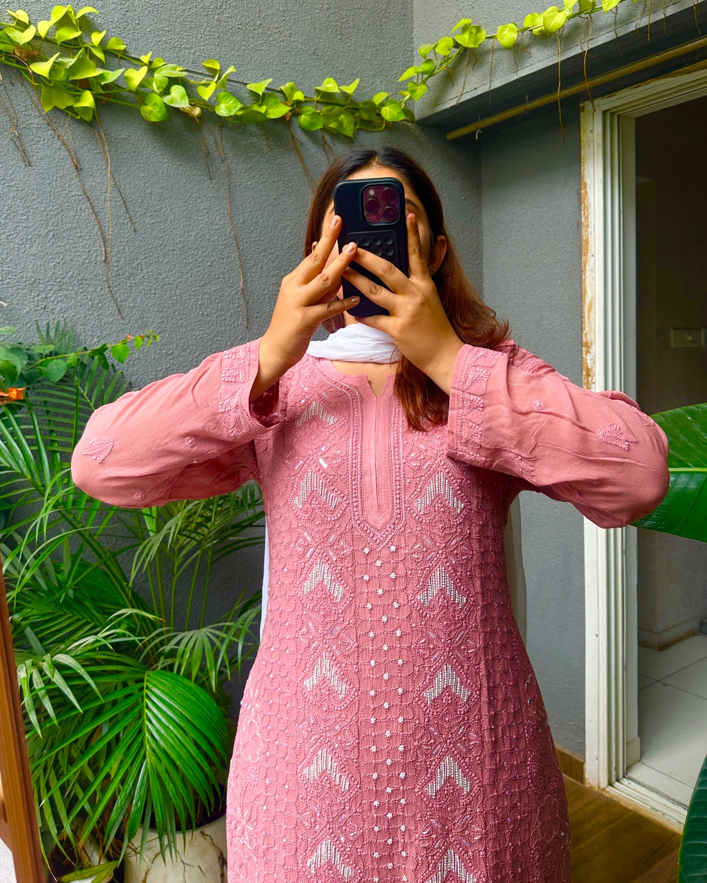 Viral Pearl & Cutdana Chikankari Kurti - Pinkish Brown