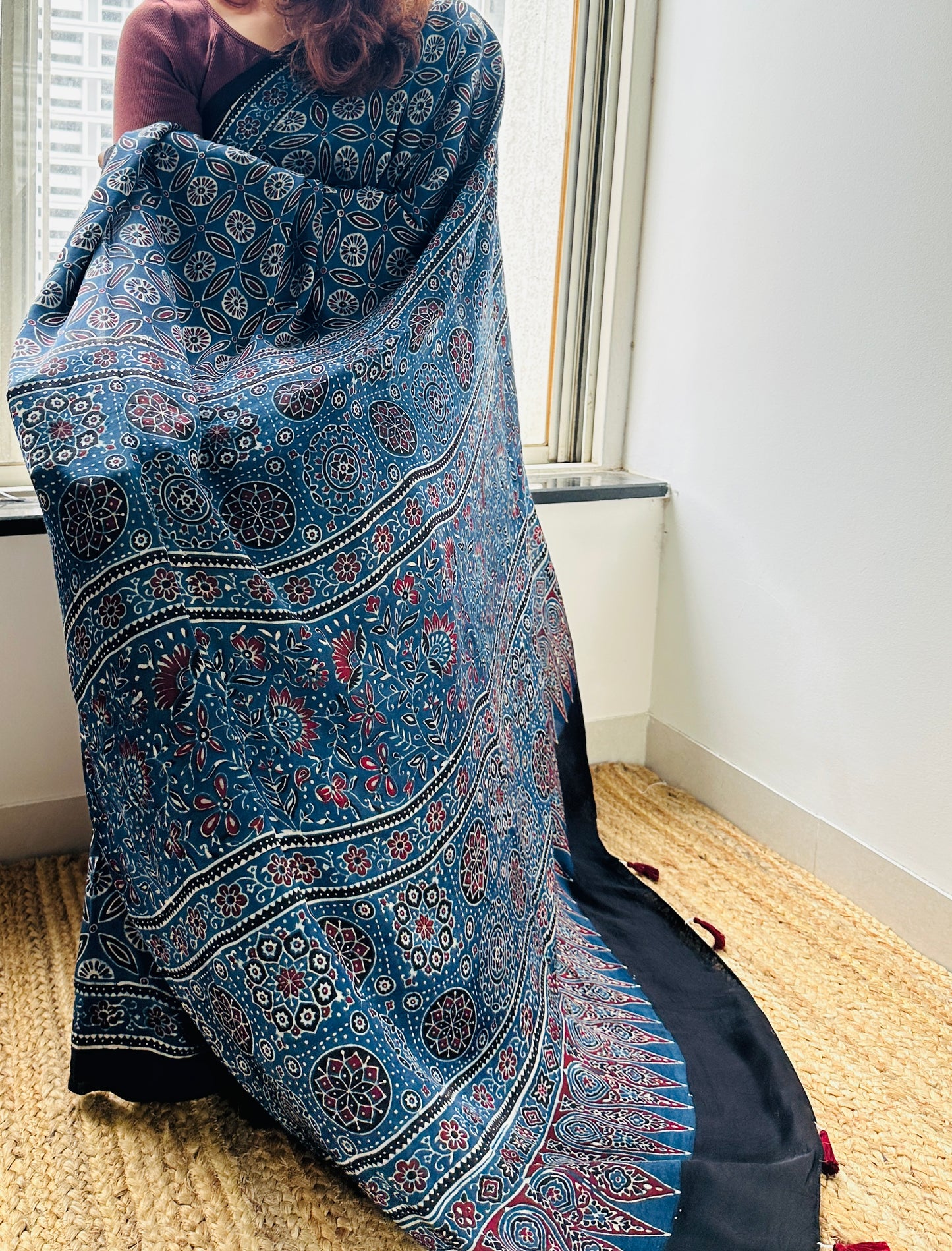 Hand Blocked Sustainable Ajrak Blue Saree with Tassels