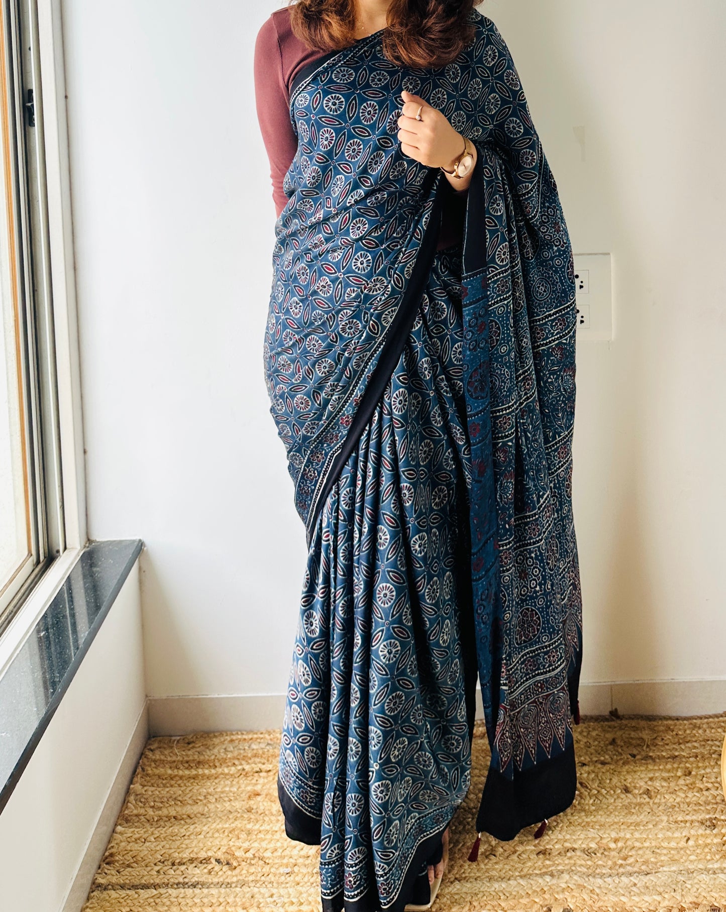 Hand Blocked Sustainable Ajrak Blue Saree with Tassels