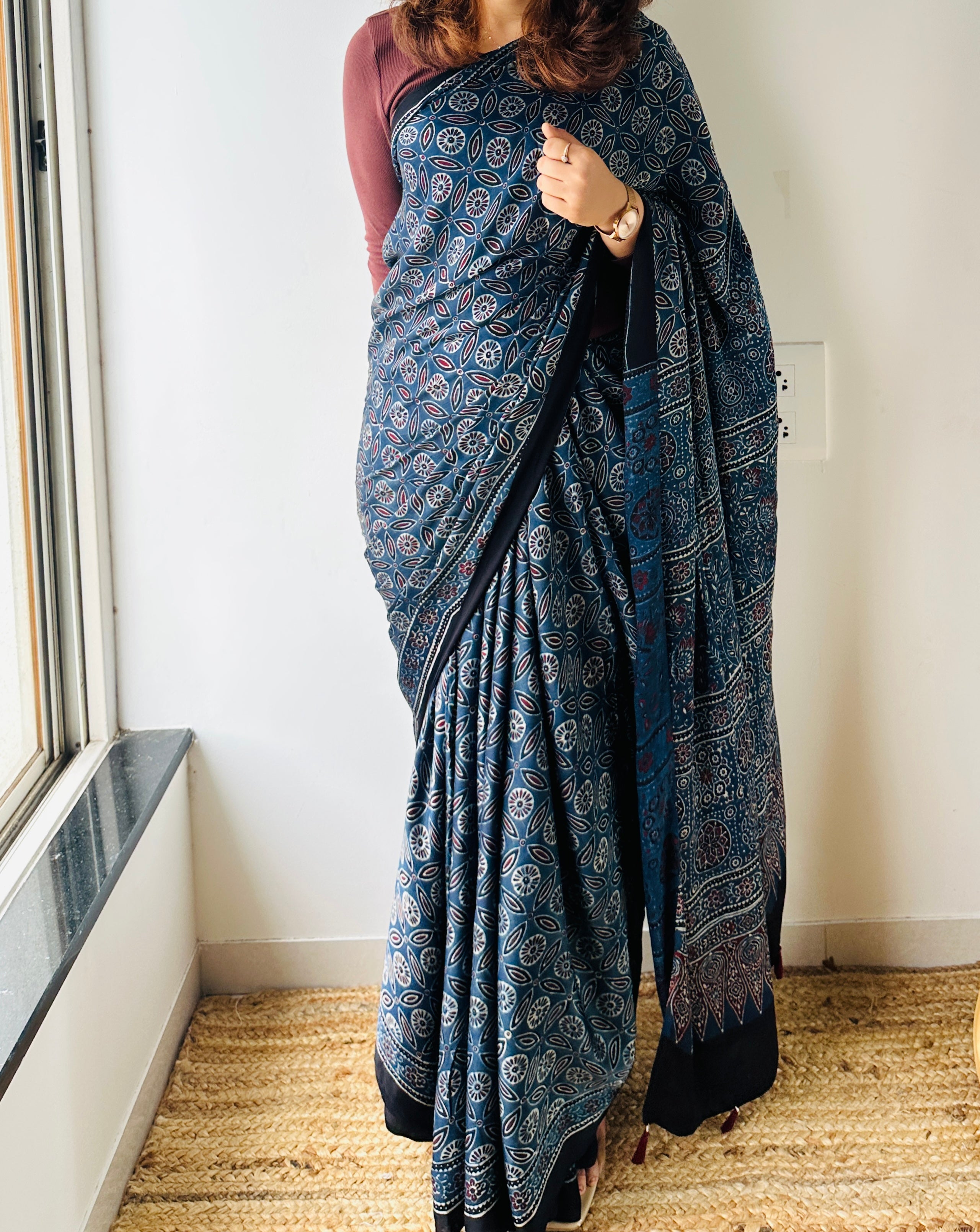 Hand Blocked Sustainable Ajrak Blue Saree with Tassels