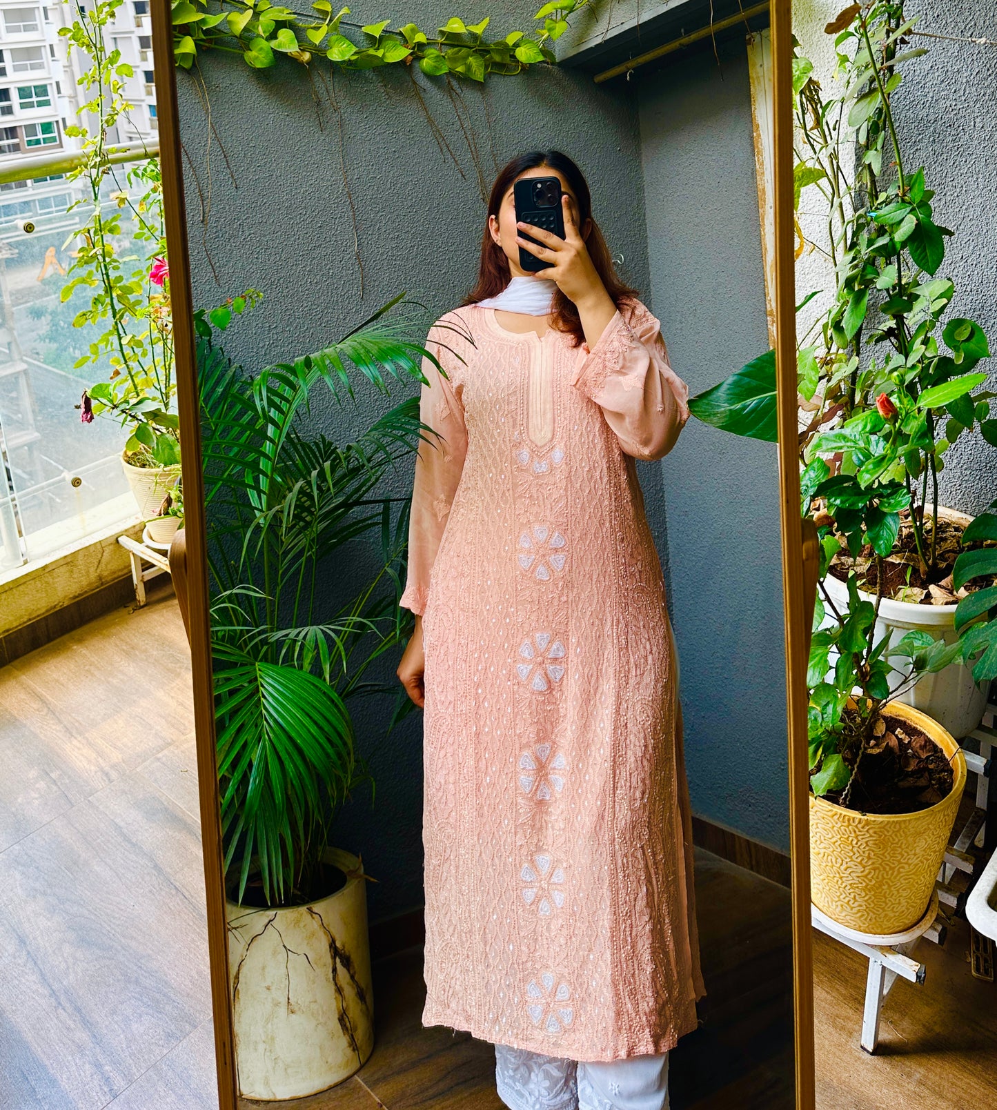 Viral Pearl Cutdana Chikankari Kurti - Light Peach