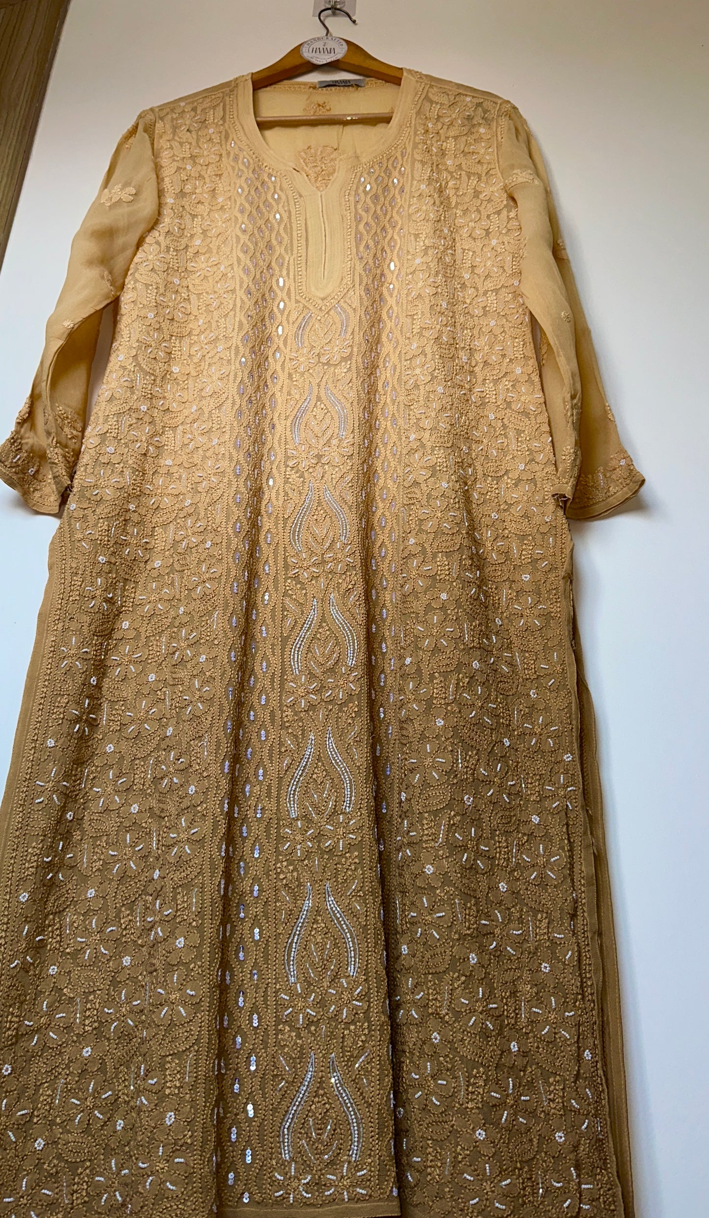 Viral Pearl & Cutdana Chikankari Kurti - ombré Yellowish Brown
