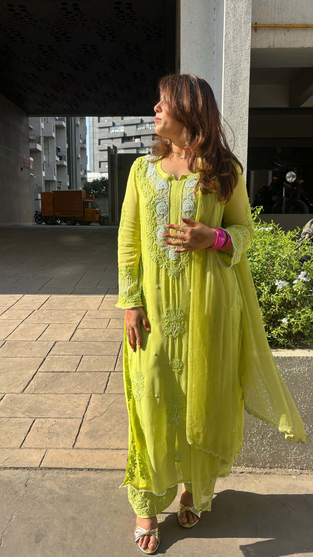 Nooré Lime green Handcrafted Pearl & Cutdana embellished Chikankari Kurta & Suit Set