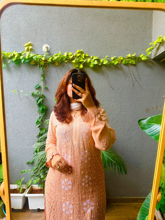 Viral Pearl & Cutdana Chikankari Kirti - Ombré Brown