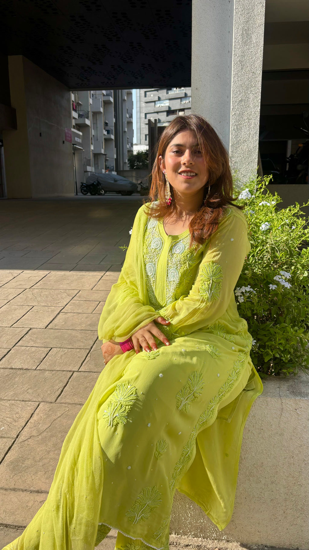 Nooré Lime green Handcrafted Pearl & Cutdana embellished Chikankari Kurta & Suit Set