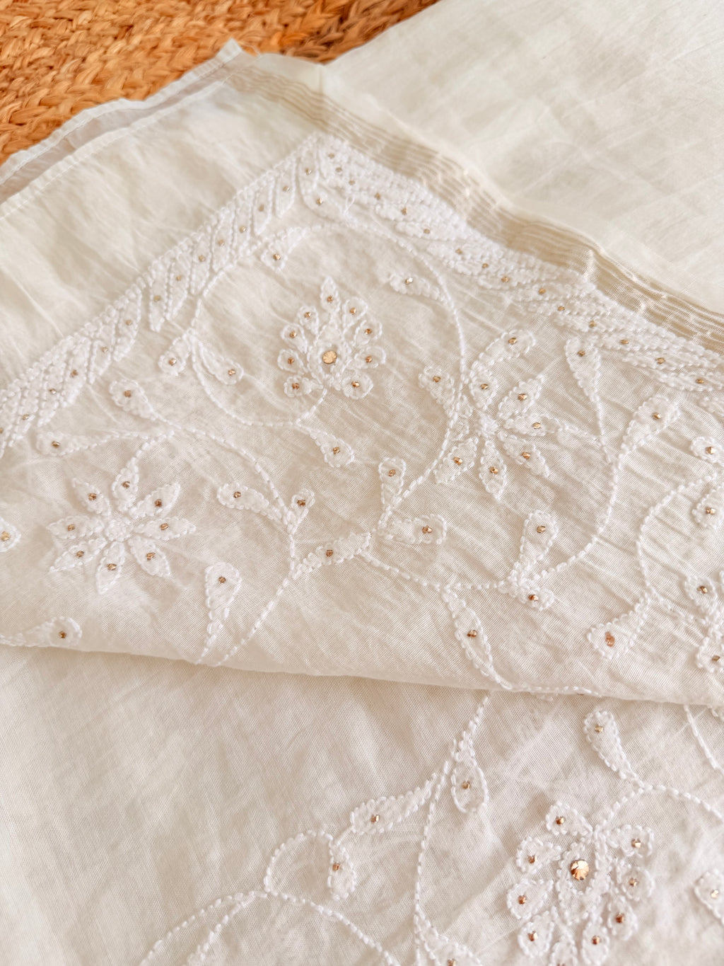 Handcrafted Chikankari Chanderi Dupatta with Mukaish embellishments