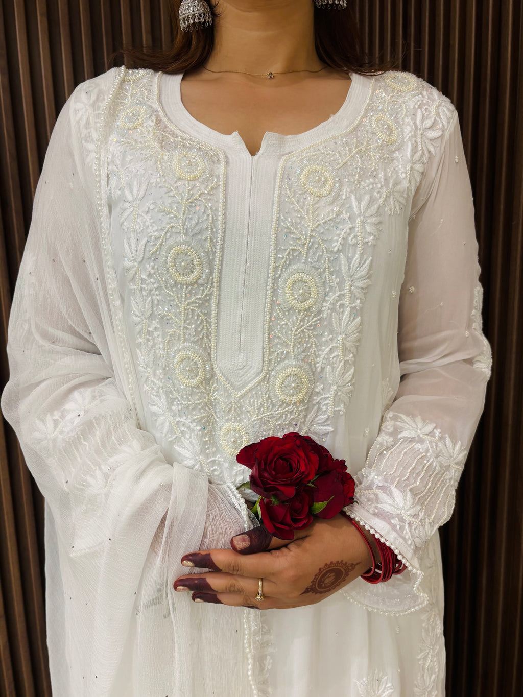 Nooré White Handcrafted Pearl & Cutdana embellished Chikankari Kurta & Suit Set