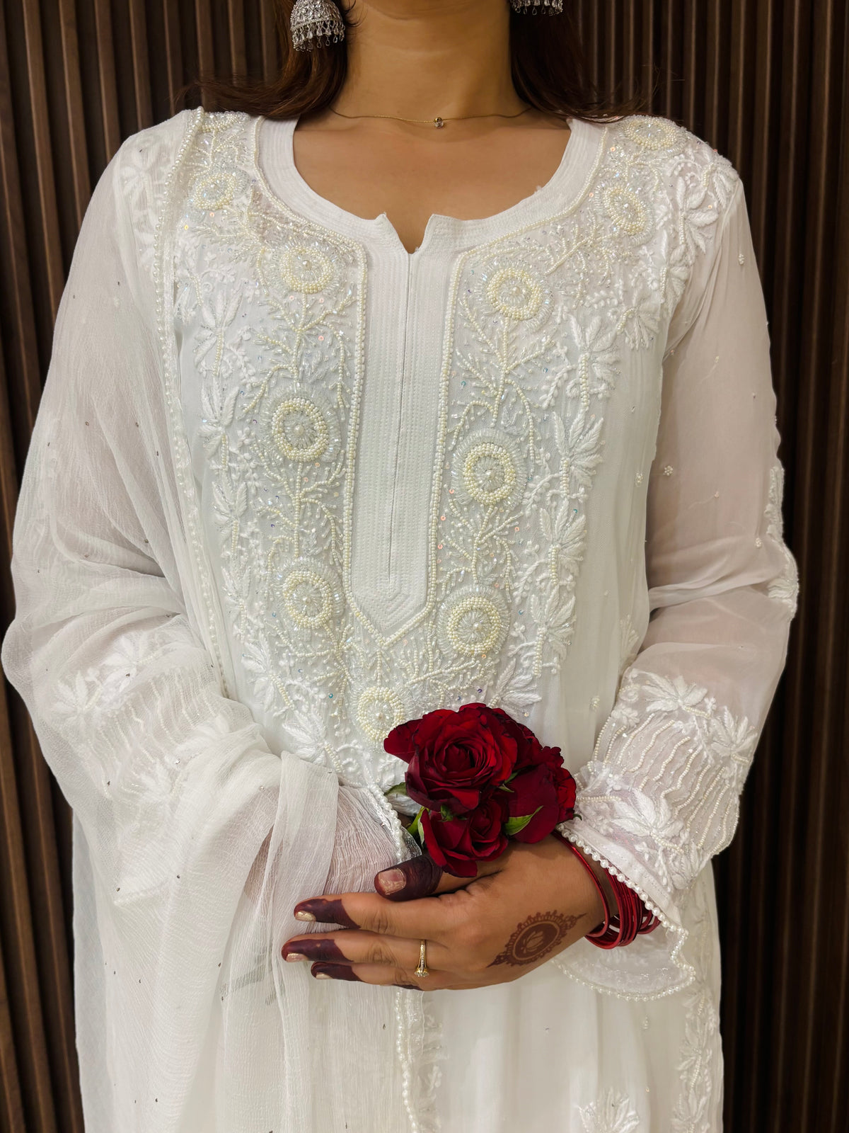 Nooré White Handcrafted Pearl & Cutdana embellished Chikankari Kurta & Suit Set