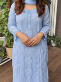 Mul Mul Chanderi Handcrafted Chikankari Pearl & Cutdana 3 piece suit set