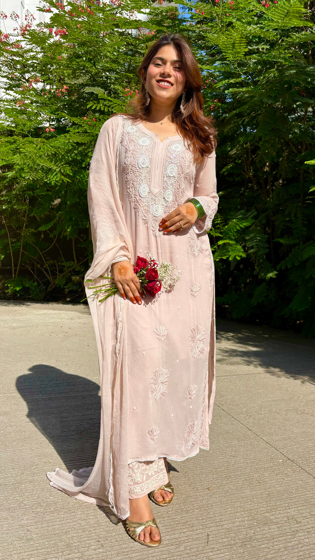 Nooré Beige Handcrafted Pearl & Cutdana embellished Chikankari Kurta & Suit Set