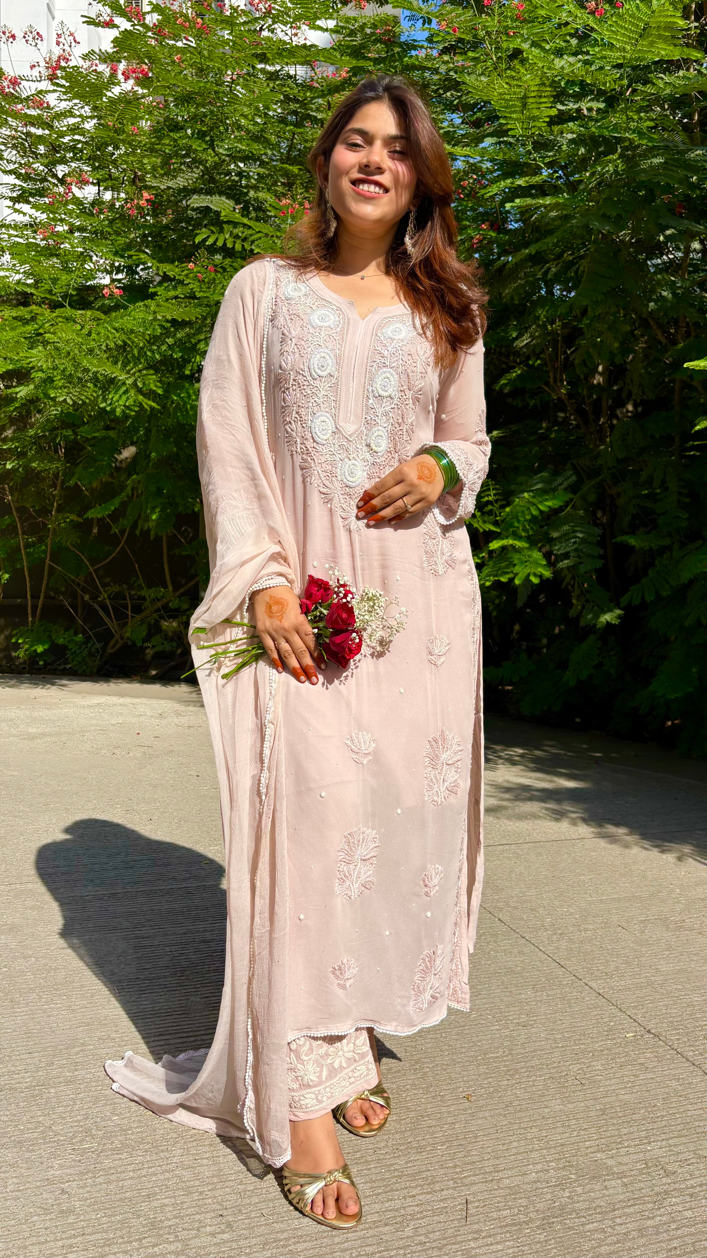 Nooré Beige Handcrafted Pearl & Cutdana embellished Chikankari Kurta & Suit Set