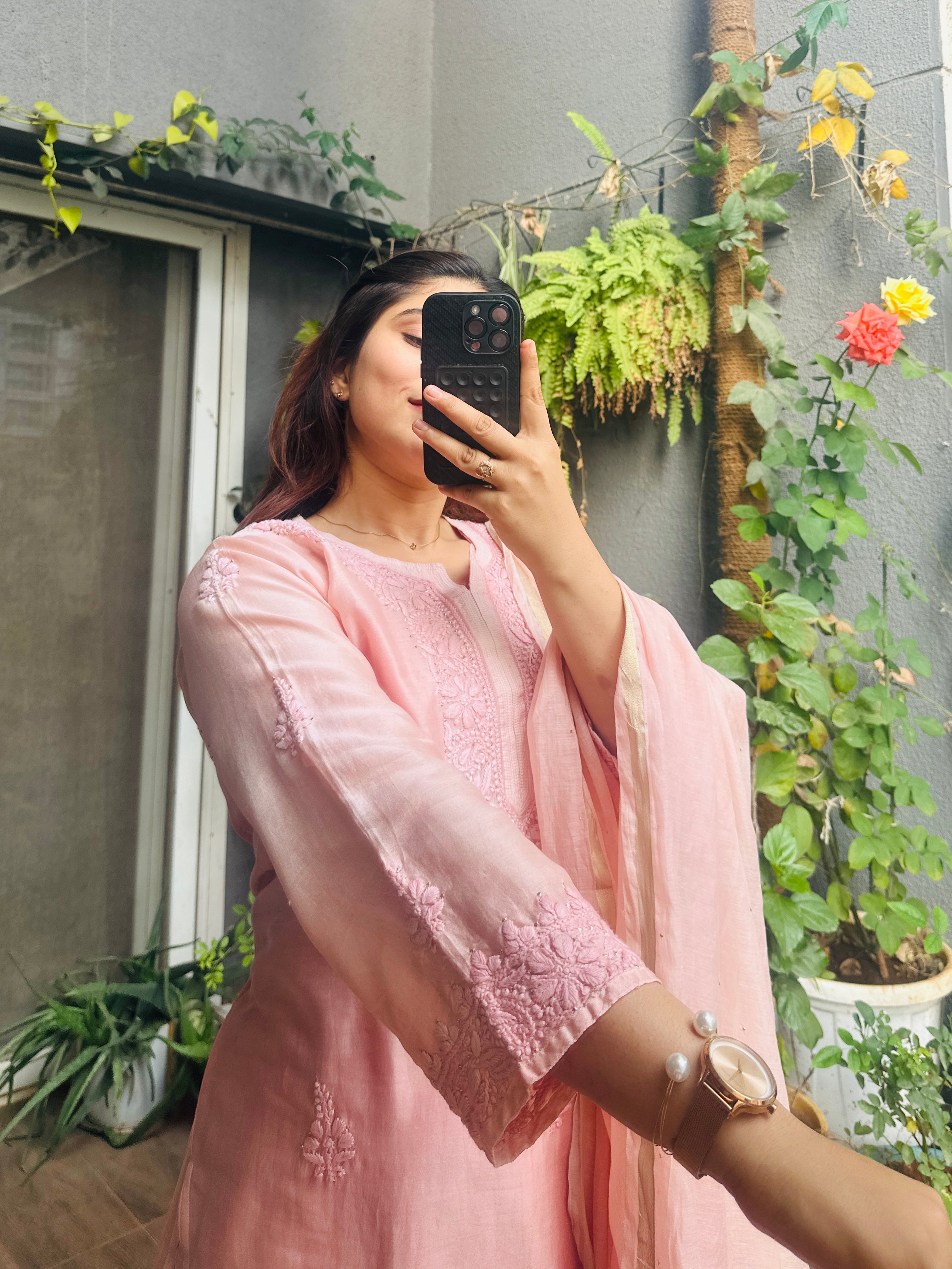 Salmon Pink Handcrafted Chikankari Chanderi Silk Suit Set