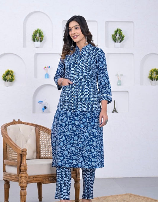 Authentic Jaipuri Hand Blocked Indigo 3 Piece Suit Set