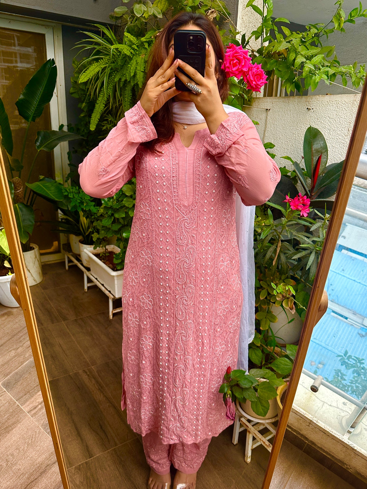 Pinkish brown Pearl & Cutdana Chikankari Kurta & Bottom Set