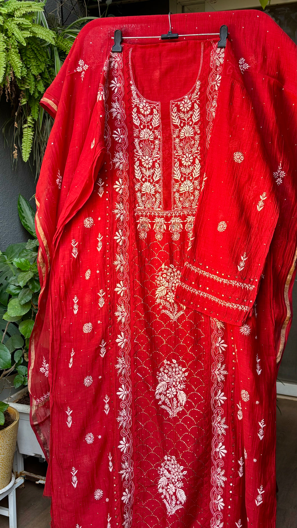 Red Premium Mul Chanderi Semi Stitched 3 piece suit set
