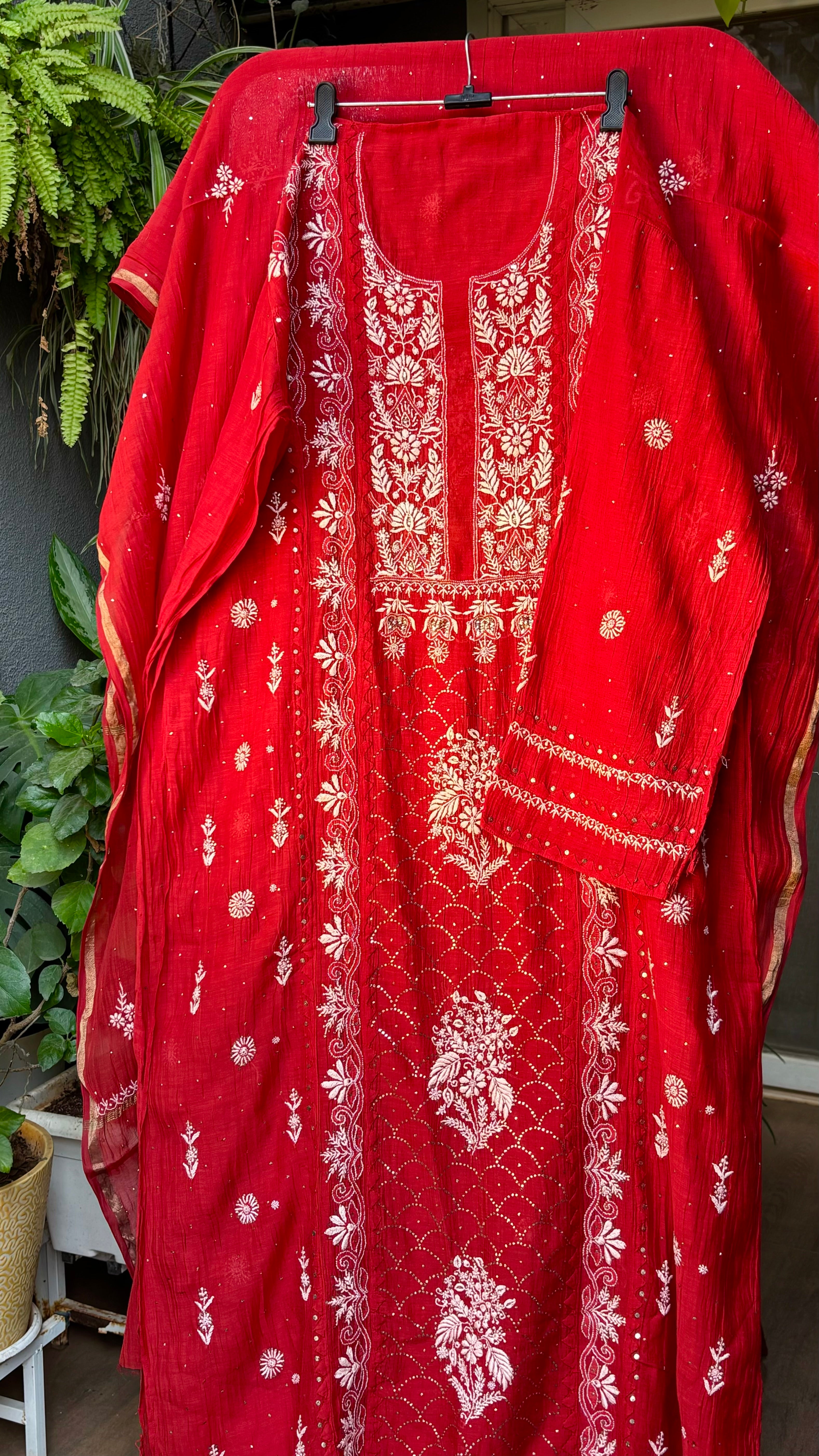 Red Premium Mul Chanderi Semi Stitched 3 piece suit set