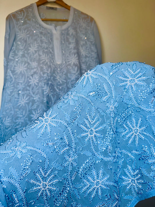 Viral Pearl & Cutdana Chikankari Suit Set - Ombré Blue