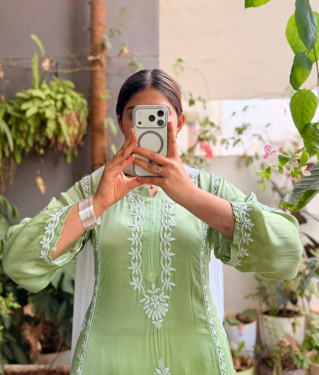 Handcrafted Chikankari Modal Silk A-line kurta