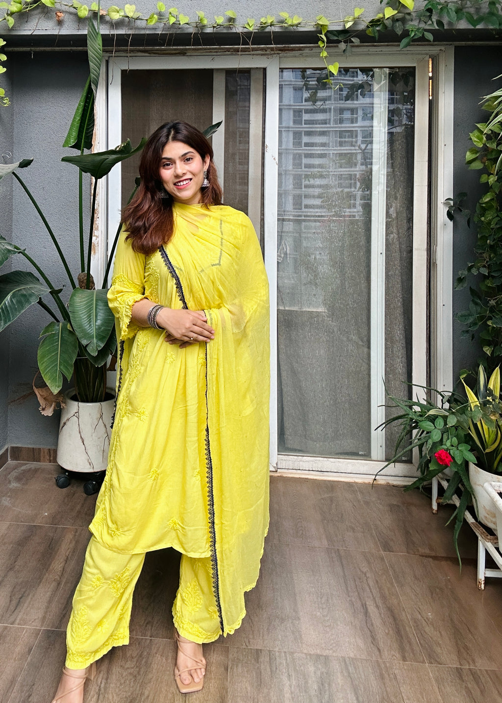 Lemon Zesty Handcrafted Chikankari Premium Muslin 3 Piece Suit Set