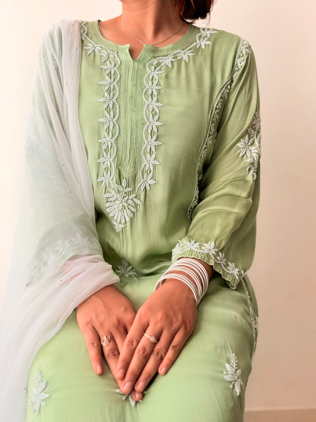 Handcrafted Chikankari Modal Silk A-line kurta