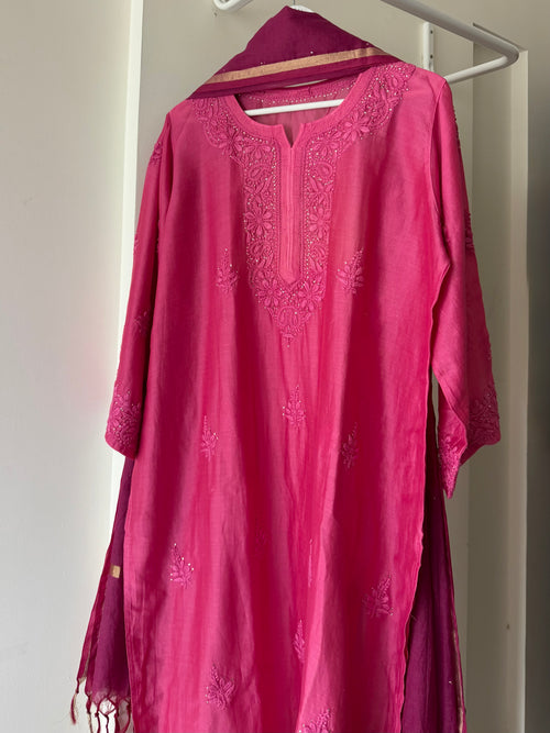 Berry Bloom Chanderi silk Chikankari Suit Set