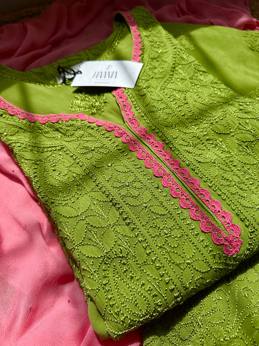 Matcha Inspired Full Jaal Chikankari 3 Piece Suit Set