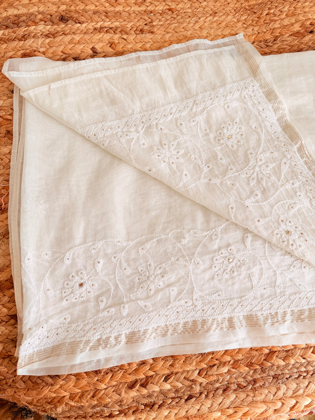 Handcrafted Chikankari Chanderi Dupatta with Mukaish embellishments