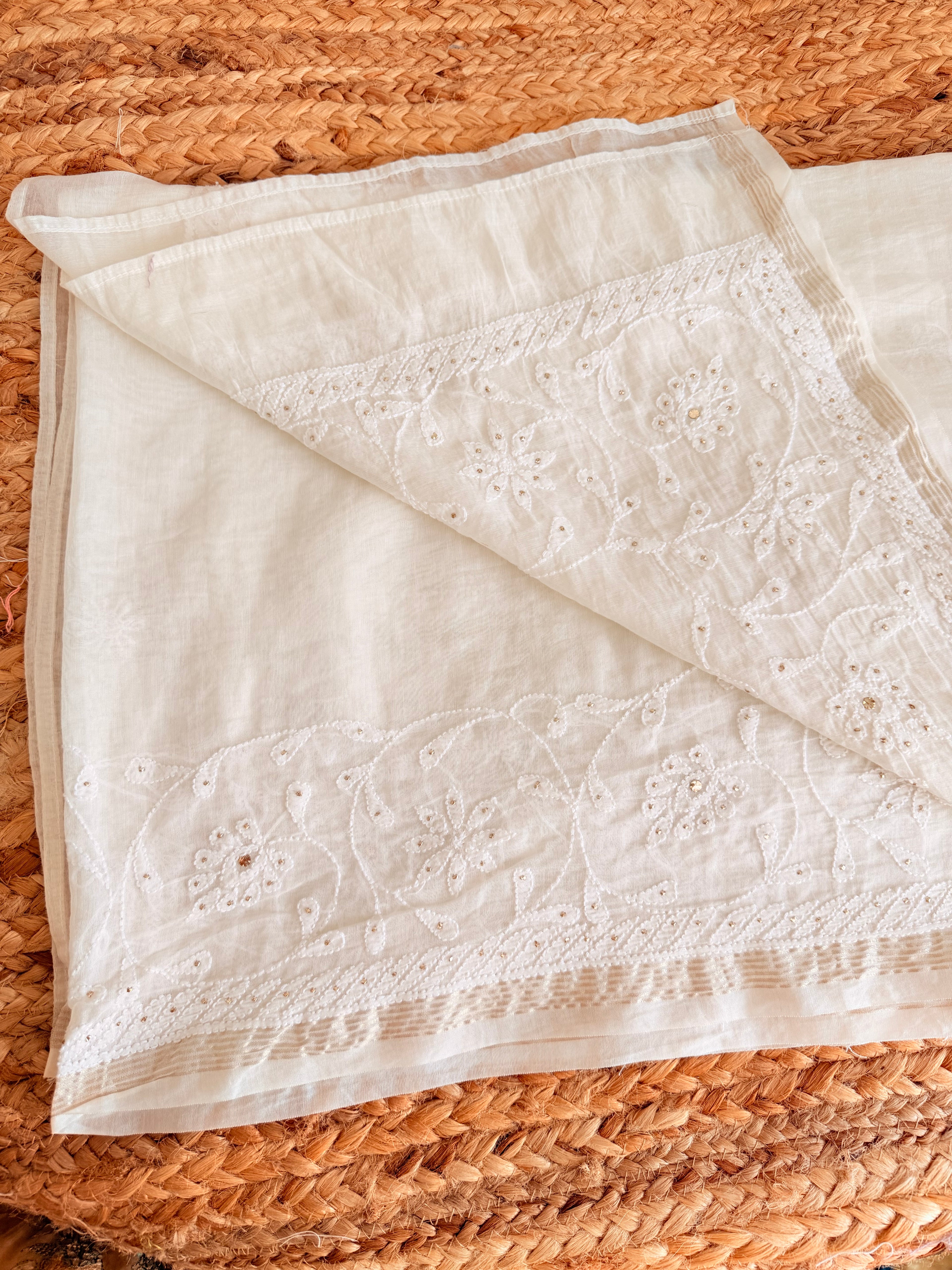 Handcrafted Chikankari Chanderi Dupatta with Mukaish embellishments