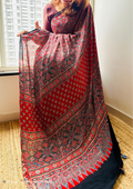 Handblocked Sustainable Ajrak Red Saree With zig zag pattern with Tassels