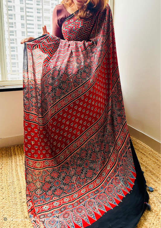 Handblocked Sustainable Ajrak Red Saree With zig zag pattern with Tassels