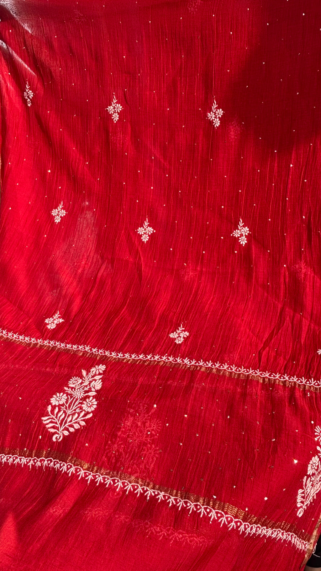 Red Premium Mul Chanderi Semi Stitched 3 piece suit set