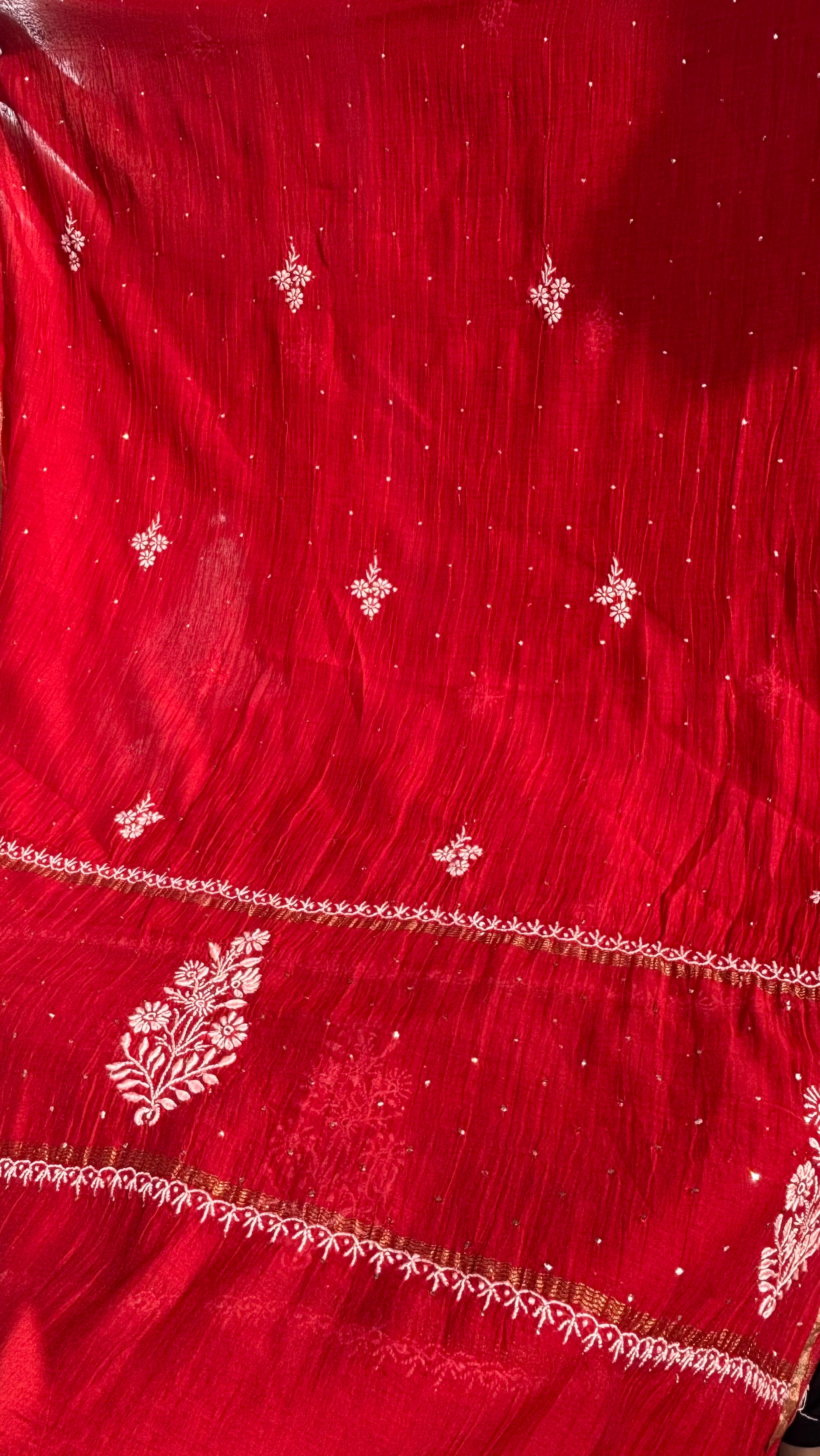 Red Premium Mul Chanderi Semi Stitched 3 piece suit set
