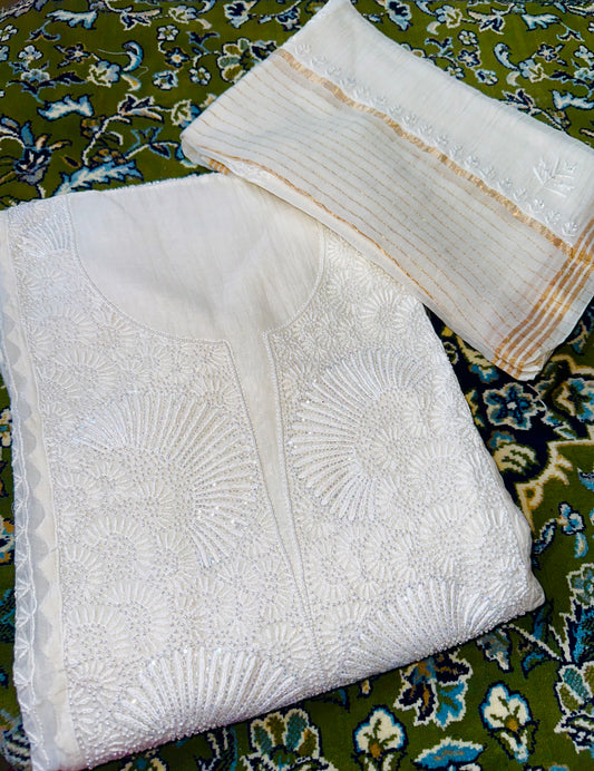 Seashell Mul Chanderi Chikankari Unstitched Suit Set