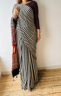 Handblocked Sustainable Ajrak Black & white Stripe Saree with Tassels
