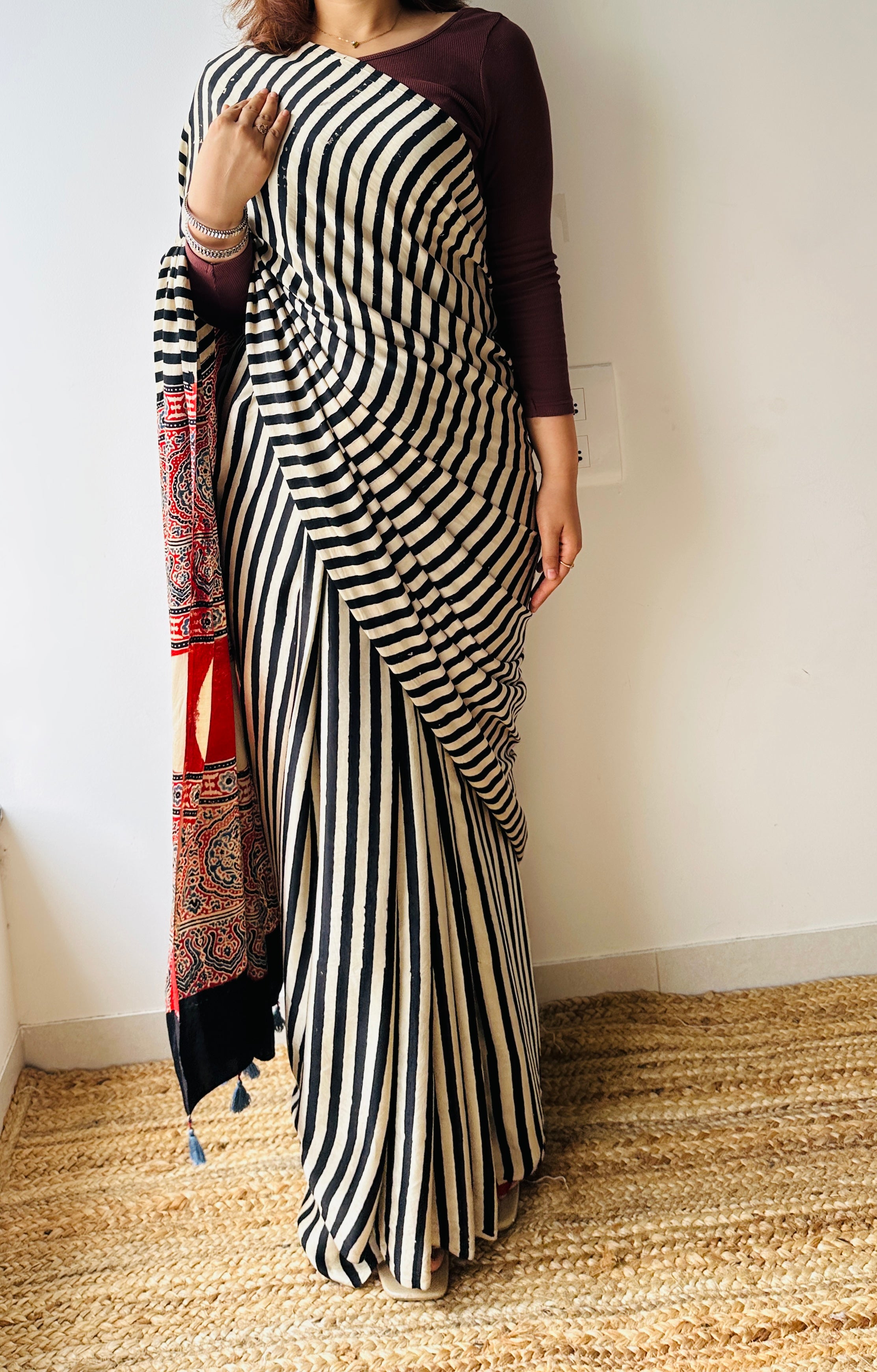Handblocked Sustainable Ajrak Black & white Stripe Saree with Tassels