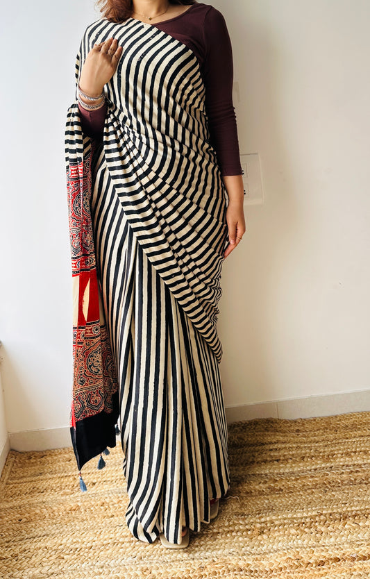 Handblocked Sustainable Ajrak Black & white Stripe Saree with Tassels