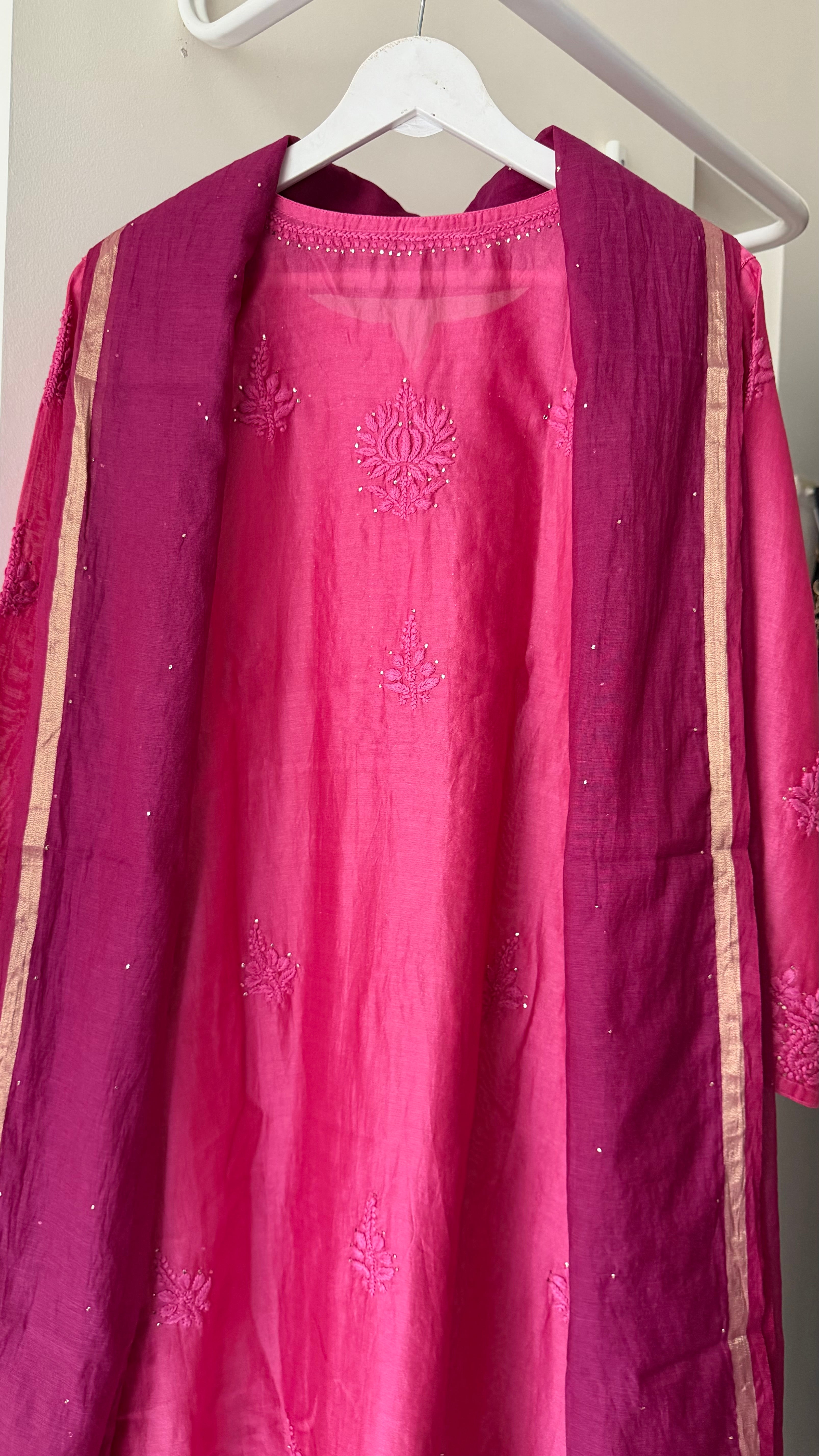 Berry Bloom Chanderi silk Chikankari Suit Set