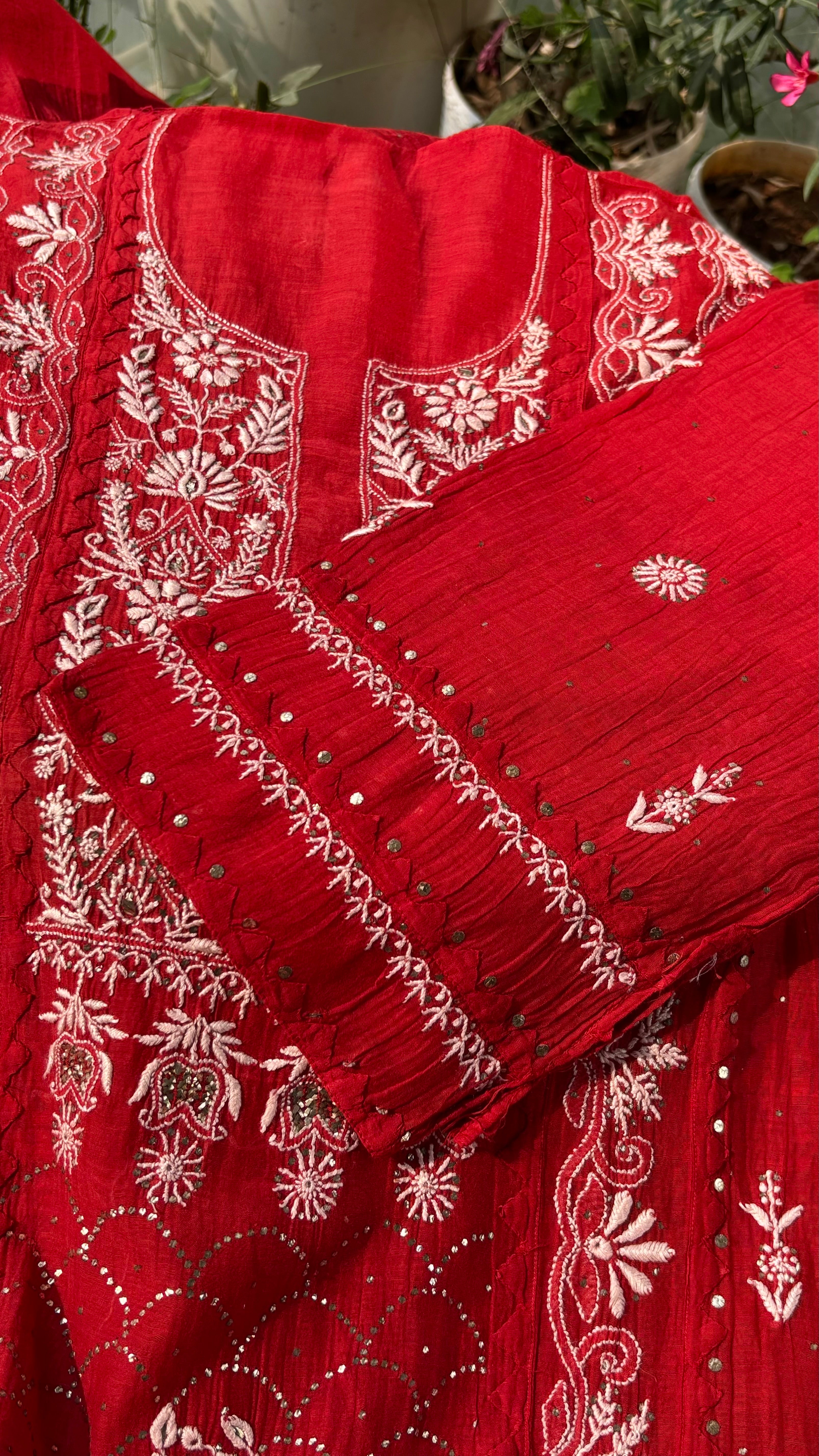 Red Premium Mul Chanderi Semi Stitched 3 piece suit set