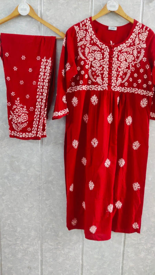 Red Mul Cotton Chikankari Pant Kurta set