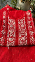 Red Premium Mul Chanderi Semi Stitched 3 piece suit set