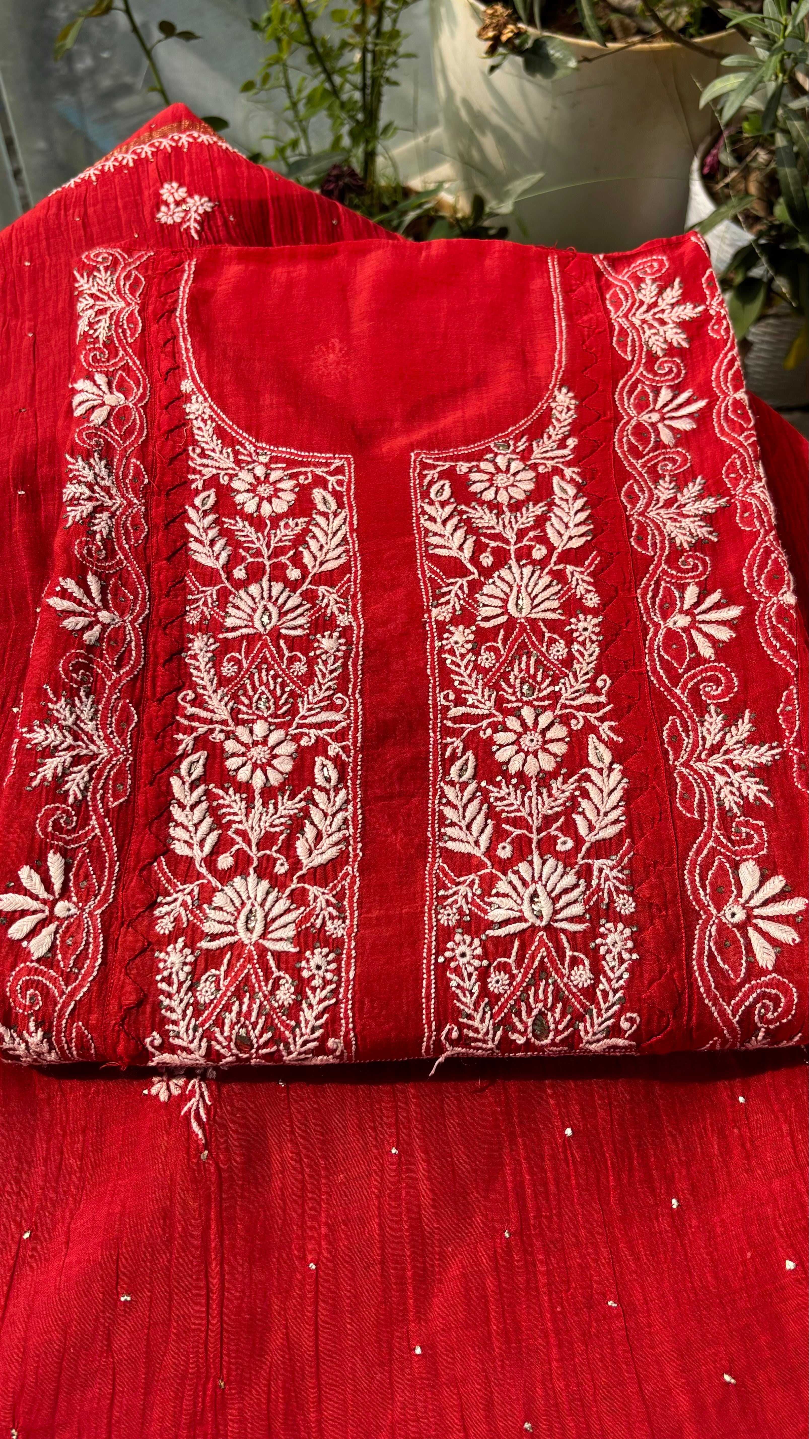 Red Premium Mul Chanderi Semi Stitched 3 piece suit set