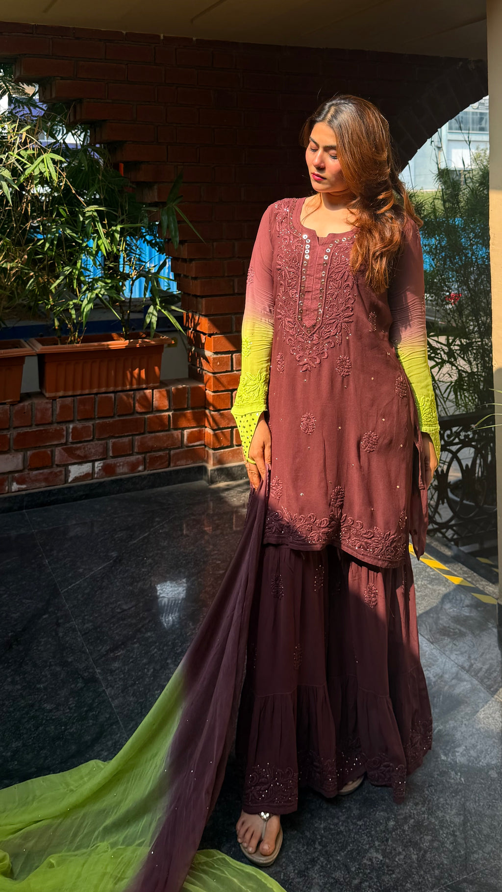 Kunafa Chocolate Inspired Kamdani Layered Garara set