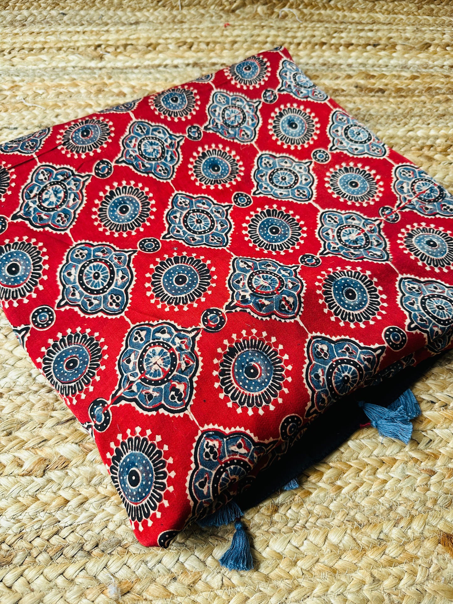 Handblocked Sustainable Ajrak Red & Blue Saree with Tassels