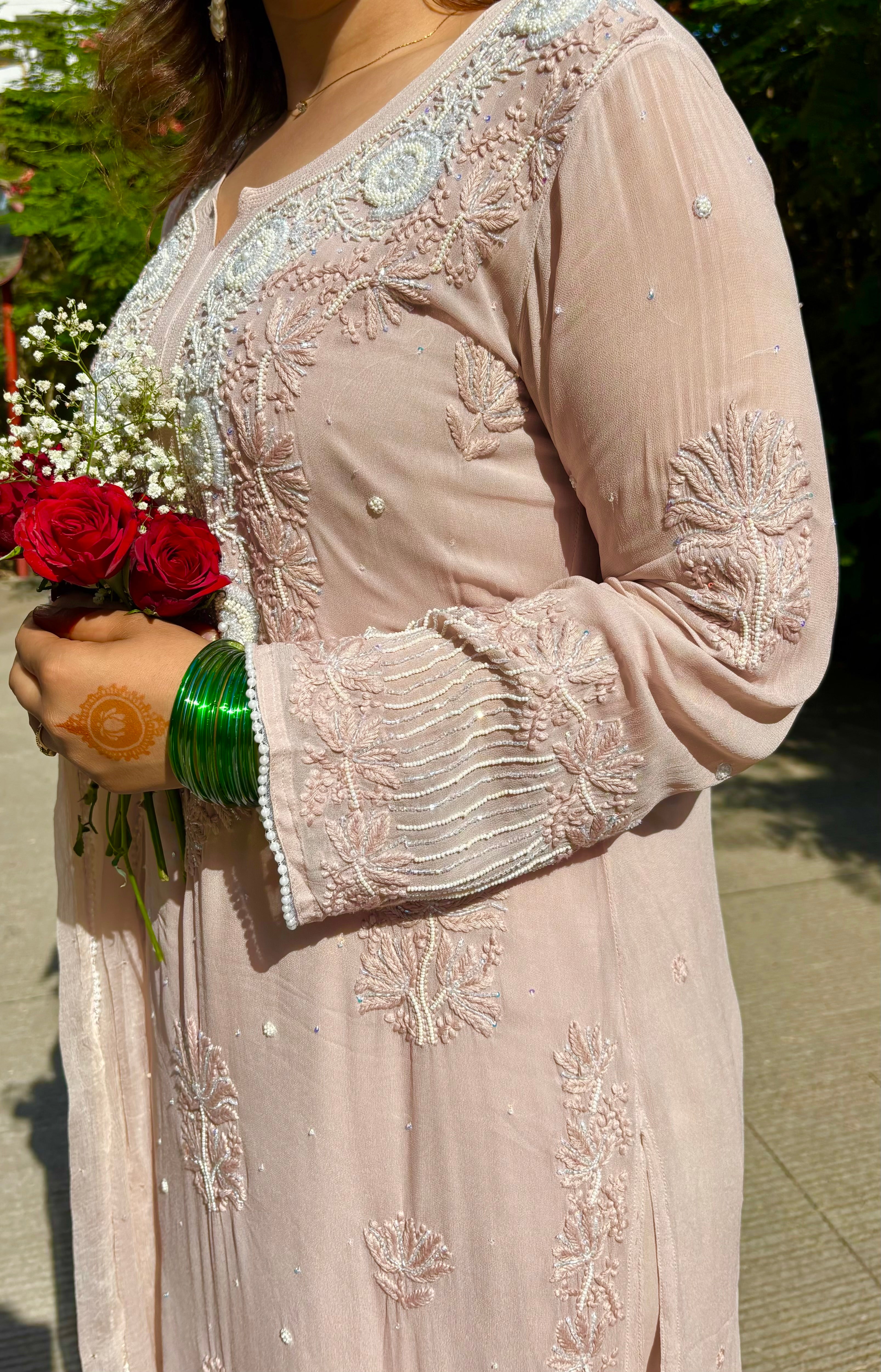 Nooré Beige Handcrafted Pearl & Cutdana embellished Chikankari Kurta & Suit Set