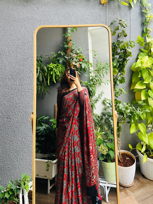 Handblocked Sustainable Ajrak Red & Blue Saree with Tassels